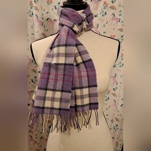 Vintage Johnstons Of Elgin Purple Plaid Wool Casual Prep Scarf w/ Fringe